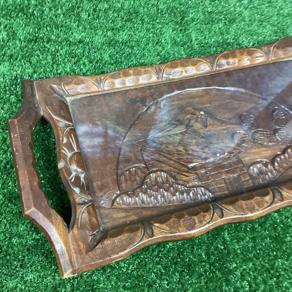 Vintage Mexican Hand Carved Wood Tray with Glass & Handles - Picture 5 of 12